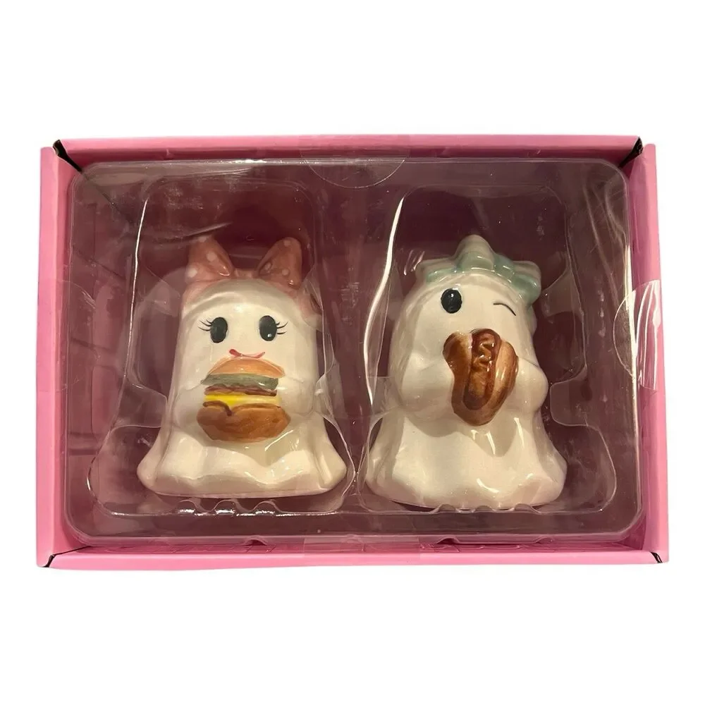 Cute Pastel Ceramic Ghosts W/ Hot Dog &Burger S & P Shakers  Decor Foodies Bows